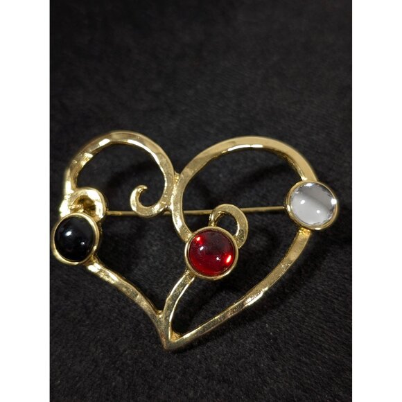 Vintage Gold Tone Heart Brooch Red Black Clear Cabochon Statement Bold - Picture 3 of 8